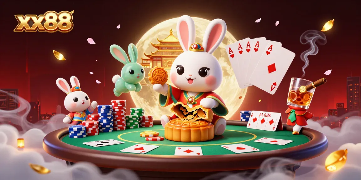 Experience xx88's vibrant casino world as a moon rabbit reveals poker chips from lunar mooncakes.
