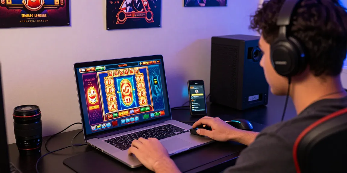Engaged player enjoying situs slot gaming in a modern home setup with a vibrant interface.