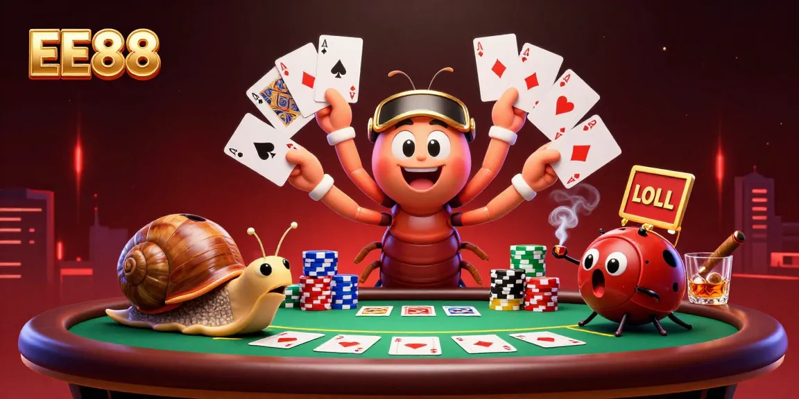 EE88 engages players with a vibrant casino scene featuring unique characters and poker elements.