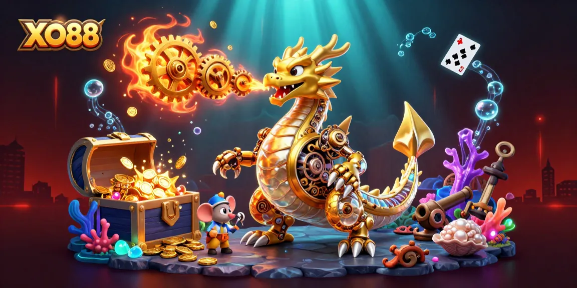 Engage in thrilling gaming adventures at XO88 with a golden dragon and whimsical creatures.