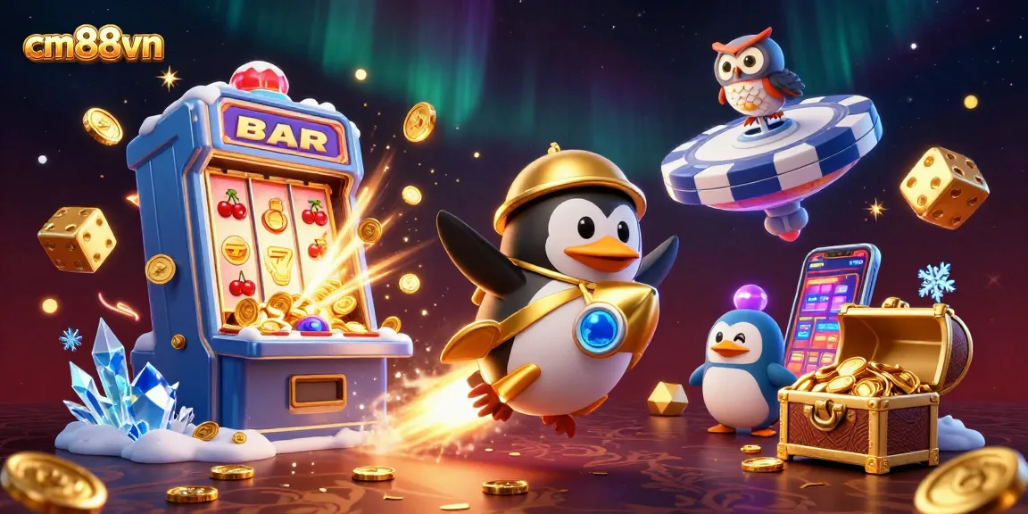 Experience the thrilling adventures of cm88vn with a golden penguin in a dynamic casino scene.
