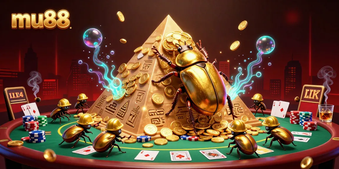 Experience the vibrant world of mu88 with golden beetles, poker tables, and casino symbols.