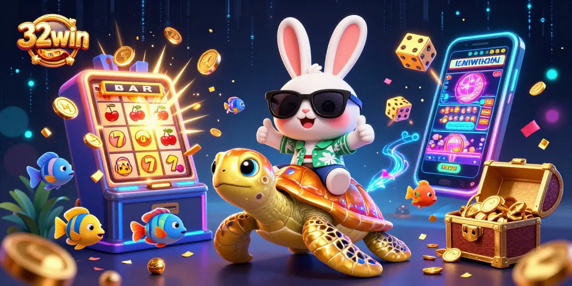 Join the fun at 32win with a lucky rabbit and golden turtle amid a colorful casino scene.