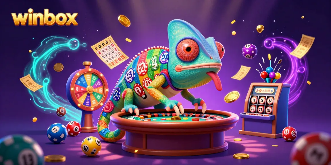 Winbox online casino illustration with a colorful chameleon, roulette, and lottery elements showcasing gaming fun.