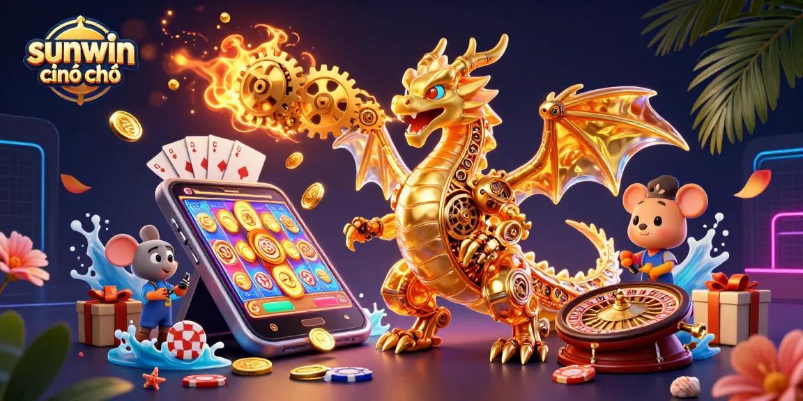 Play exciting games with sunwin chính chủ, featuring a golden dragon amidst jackpot winnings and vibrant casino elements.