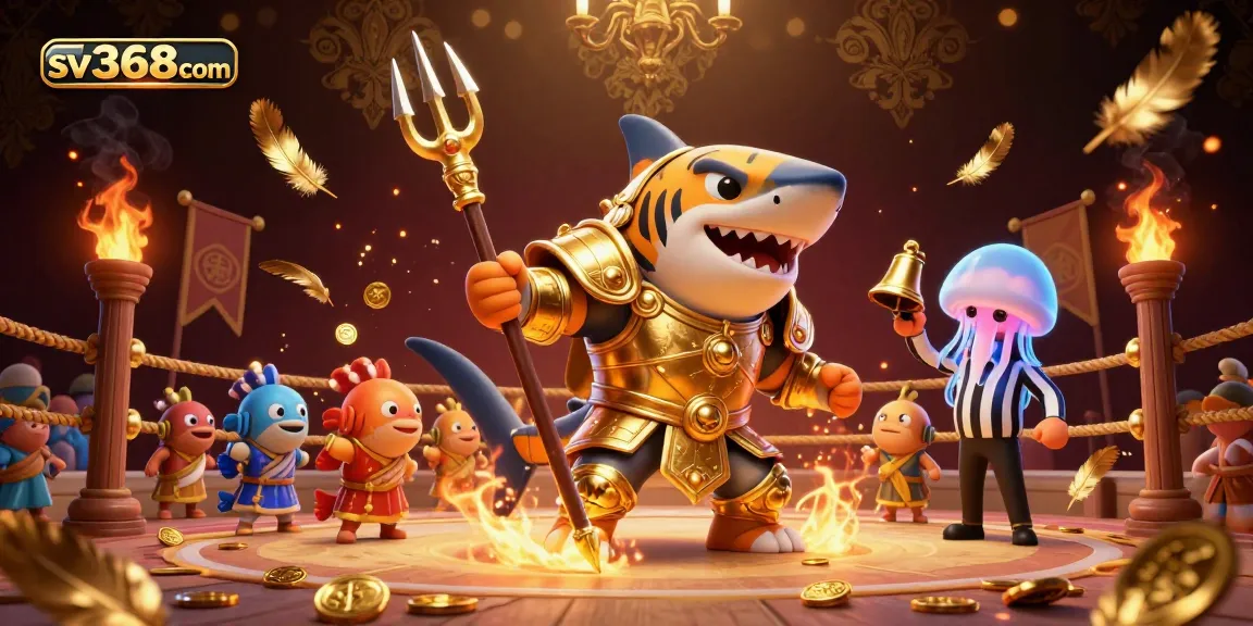 Experience sv368com's thrilling underwater gambling arena featuring a golden shark and vibrant characters.