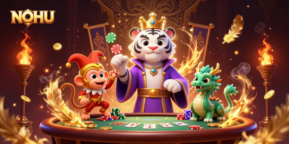 Engage in thrilling poker action with NOHU while surrounded by captivating characters and casino elements.