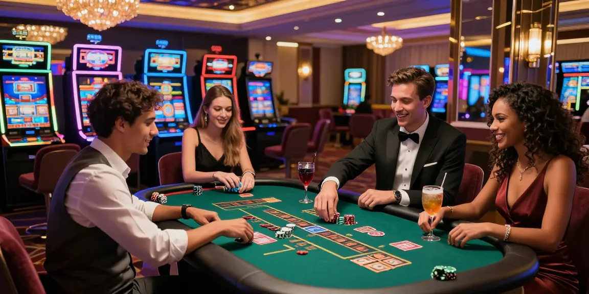 Friends enjoying slot77 resmi gaming experience at a vibrant casino table, lively atmosphere.