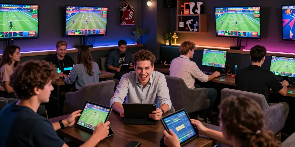 Excited players engaging with online games and rokok88 betting strategies in a vibrant gaming lounge.