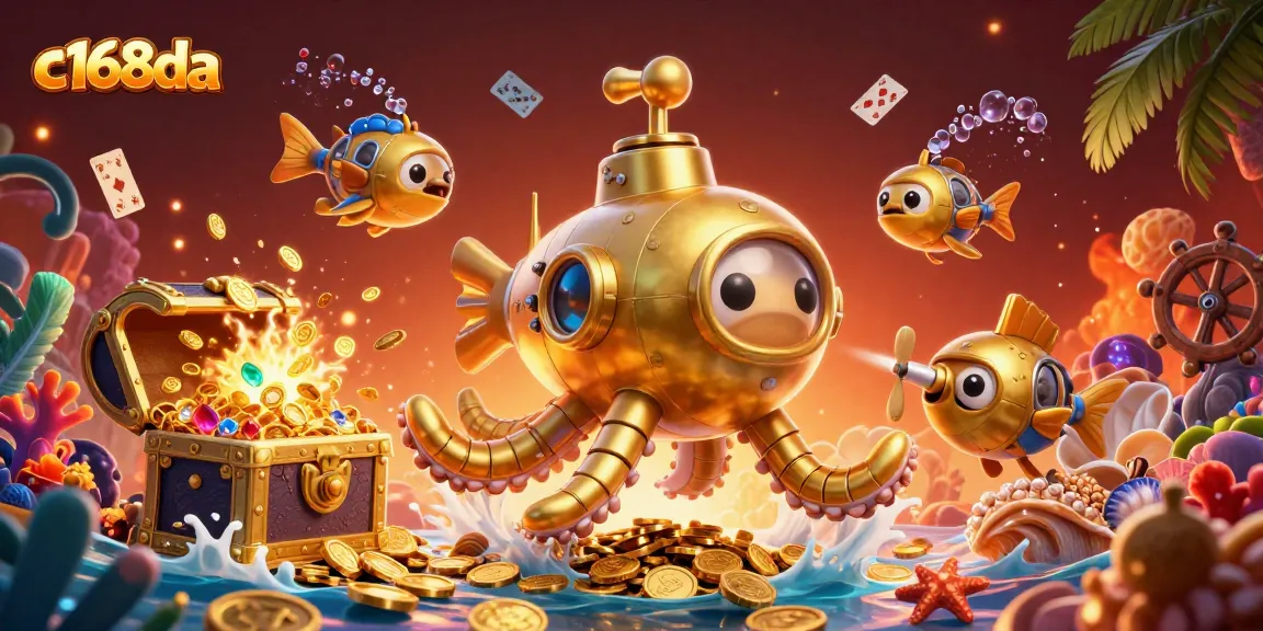 Experience the thrill with c168da, featuring a golden kraken submarine in a vibrant casino undersea scene.